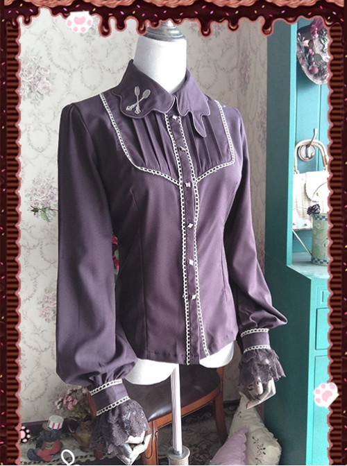 Chocolate Sauce Series Embroidery Dark Brown Long Sleeve Classic Lolita Shirt