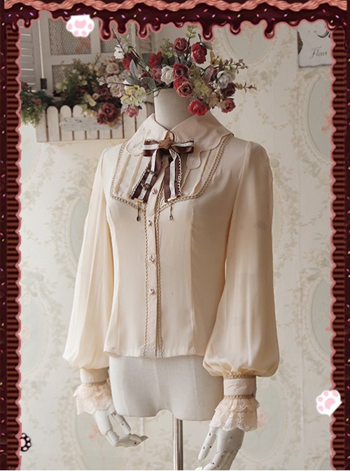 Chocolate Sauce Series Embroidery Khaki Long Sleeve Classic Lolita Shirt