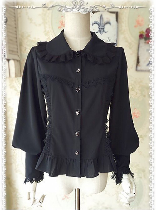 Ordinary Leg-of-mutton Sleeve Black Chiffon Classic Lolita Shirt