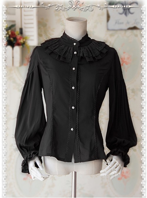 Swan Lake's Love Series Black Chiffon Long Puff Sleeve Classic Lolita Shirt