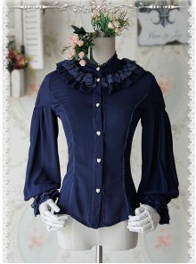 Swan Lake's Love Series Deep Blue Chiffon Long Puff Sleeve Classic Lolita Shirt