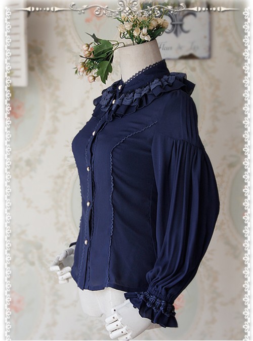 Swan Lake's Love Series Deep Blue Chiffon Long Puff Sleeve Classic Lolita Shirt