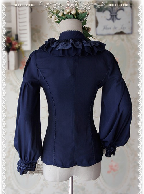 Swan Lake's Love Series Deep Blue Chiffon Long Puff Sleeve Classic Lolita Shirt