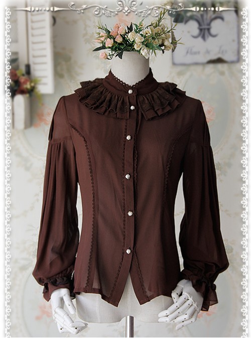 Swan Lake's Love Series Coffee Color Chiffon Long Puff Sleeve Classic Lolita Shirt