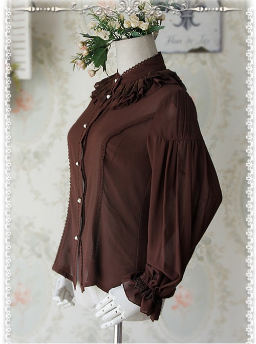 Swan Lake's Love Series Coffee Color Chiffon Long Puff Sleeve Classic Lolita Shirt