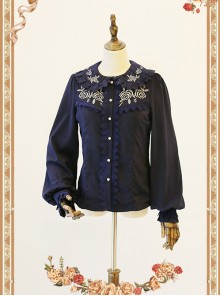 Rose Garden Series Navy Blue Thickened Chiffon Embroidery Classic Lolita Shirt