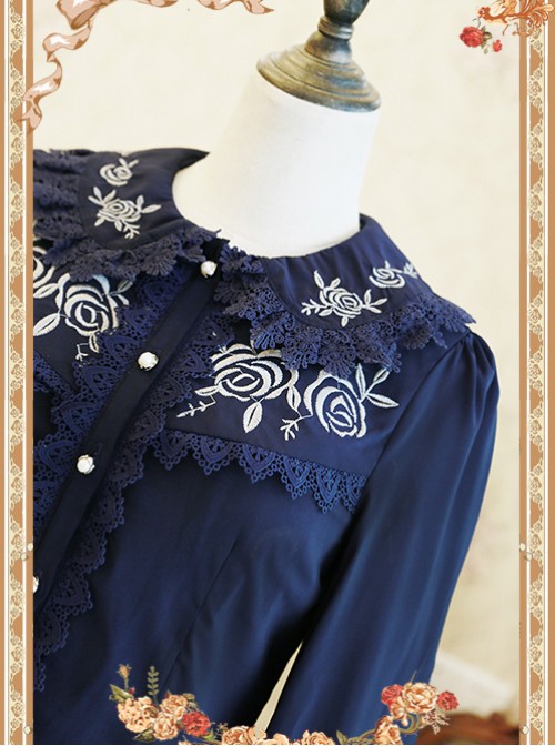 Rose Garden Series Navy Blue Thickened Chiffon Embroidery Classic Lolita Shirt