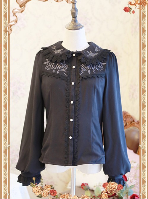 Rose Garden Series Black Thickened Chiffon Embroidery Classic Lolita Shirt