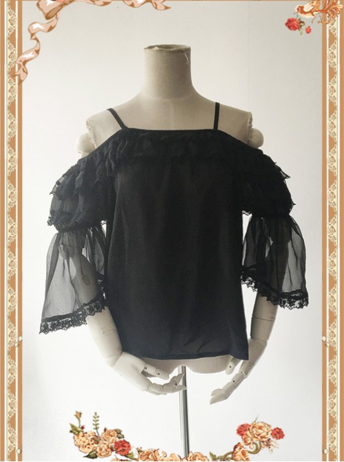 Antique Dress Shop Series Black Trumpet Sleeve Off Shoulder Classic Lolita Shirt