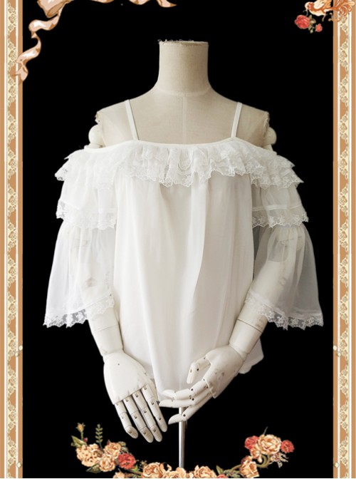 Antique Dress Shop Series White Trumpet Sleeve Off Shoulder Classic Lolita Shirt