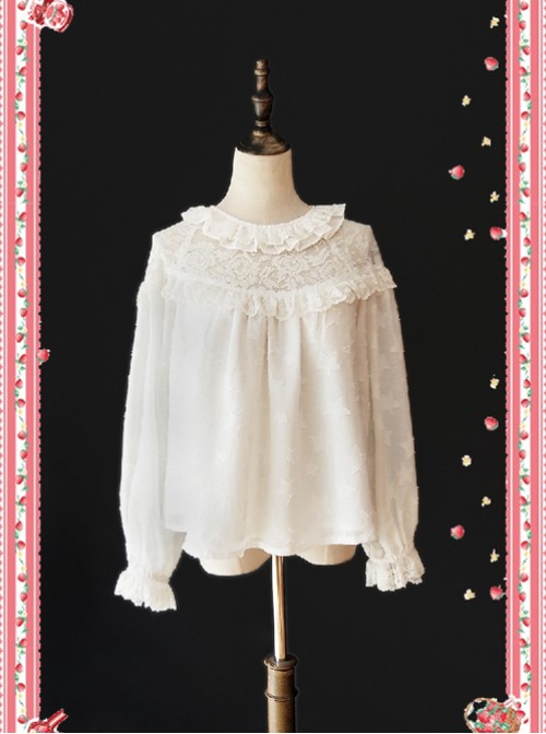 Little Star Hollow Out White Lace Lolita Long Sleeves Shirt