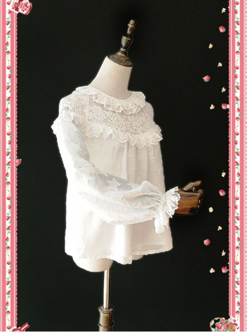 Little Star Hollow Out White Lace Lolita Long Sleeves Shirt