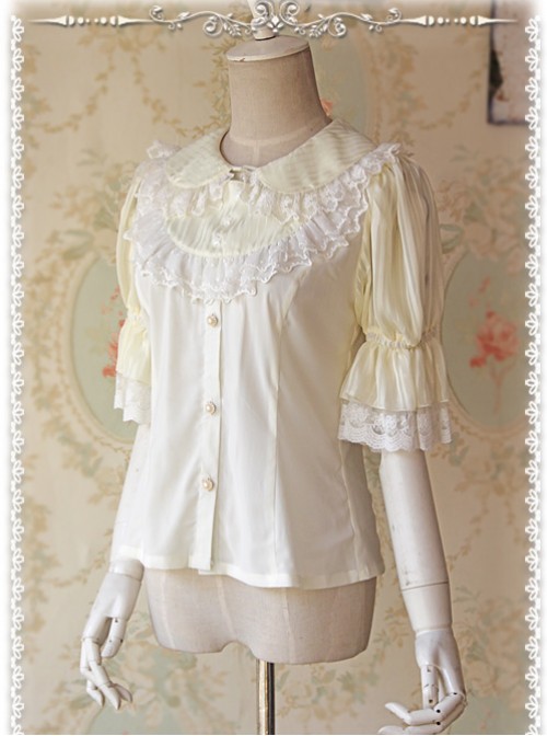 Milky White Glass Striped Doll Collar Lolita Bubble Sleeve Shirt