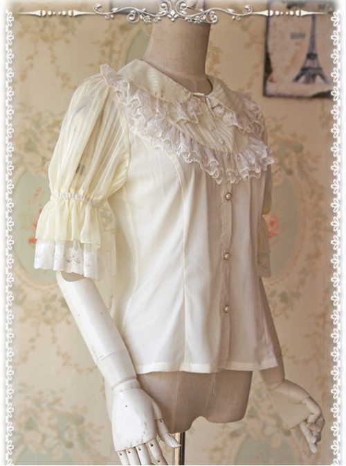 Milky White Glass Striped Doll Collar Lolita Bubble Sleeve Shirt