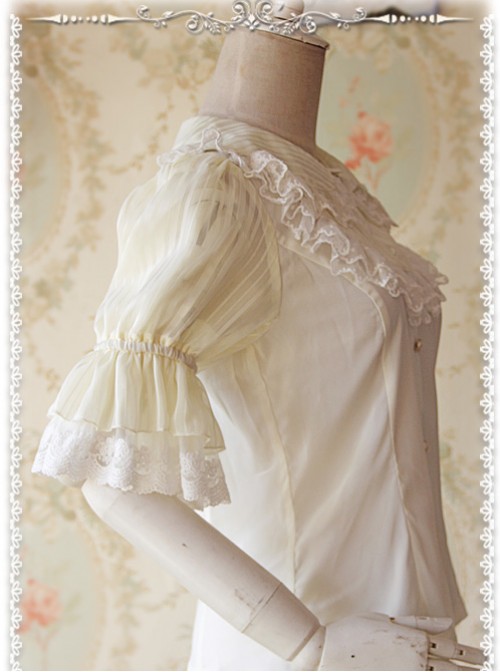 Milky White Glass Striped Doll Collar Lolita Bubble Sleeve Shirt