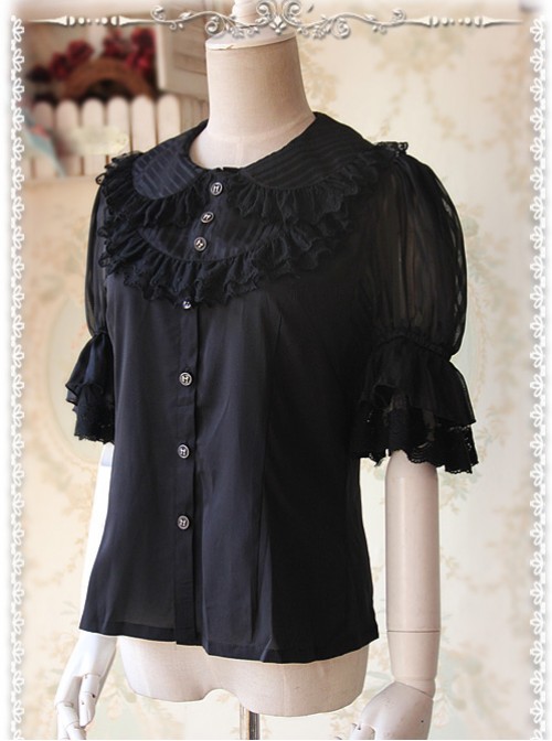 Black Glass Striped Doll Collar Lolita Bubble Sleeve Shirt