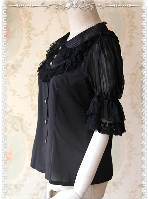 Black Glass Striped Doll Collar Lolita Bubble Sleeve Shirt