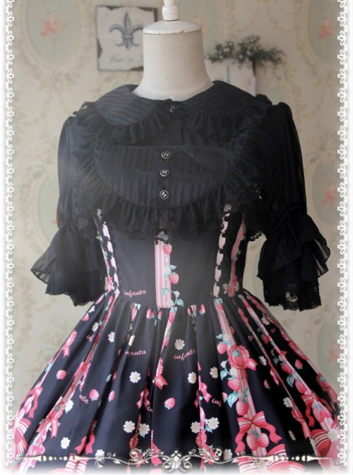 Black Glass Striped Doll Collar Lolita Bubble Sleeve Shirt