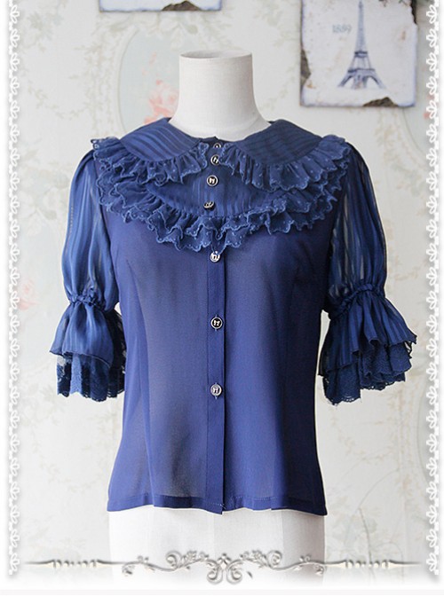 Deep Blue Glass Striped Doll Collar Lolita Bubble Sleeve Shirt