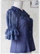 Deep Blue Glass Striped Doll Collar Lolita Bubble Sleeve Shirt