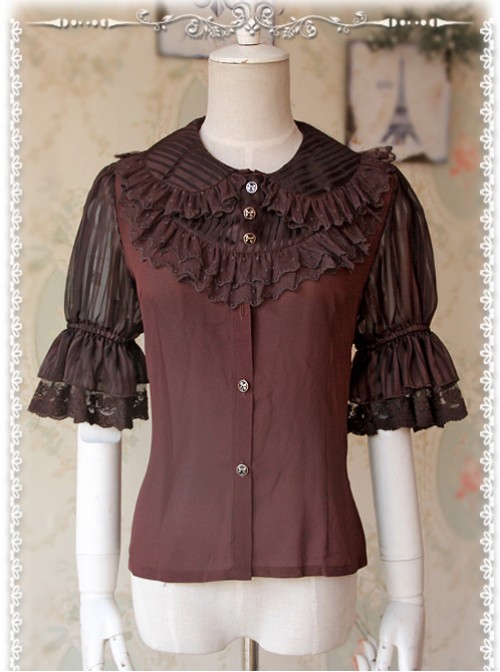 Deep Brown Glass Striped Doll Collar Lolita Bubble Sleeve Shirt