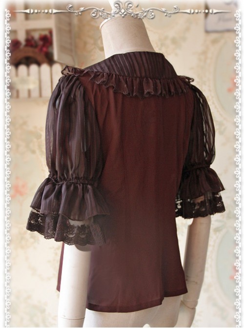 Deep Brown Glass Striped Doll Collar Lolita Bubble Sleeve Shirt