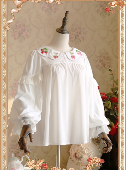 Strawberry Embroidery Series Double-sided Wear White Chiffon Lolita Long Sleeve Shirt