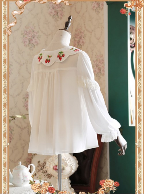 Strawberry Embroidery Series Double-sided Wear White Chiffon Lolita Long Sleeve Shirt