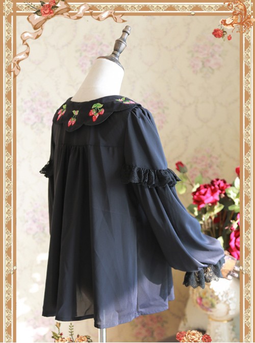 Strawberry Embroidery Series Double-sided Wear Black Chiffon Lolita Long Sleeve Shirt