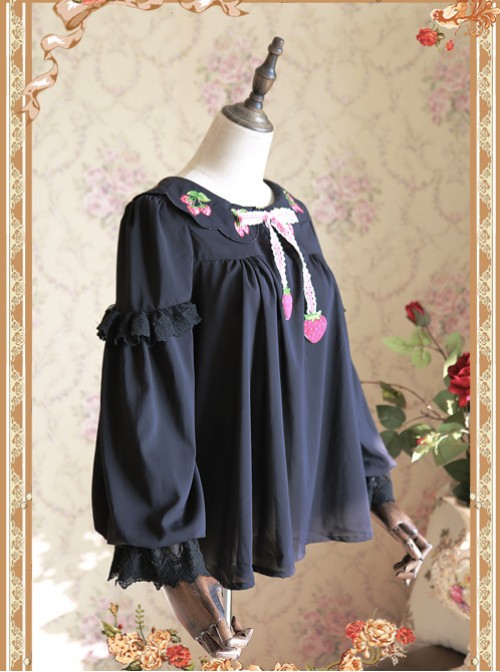 Strawberry Embroidery Series Double-sided Wear Black Chiffon Lolita Long Sleeve Shirt