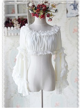 Milky White Chiffon Lolita Super Short Top With Detachable trumpet Sleeve