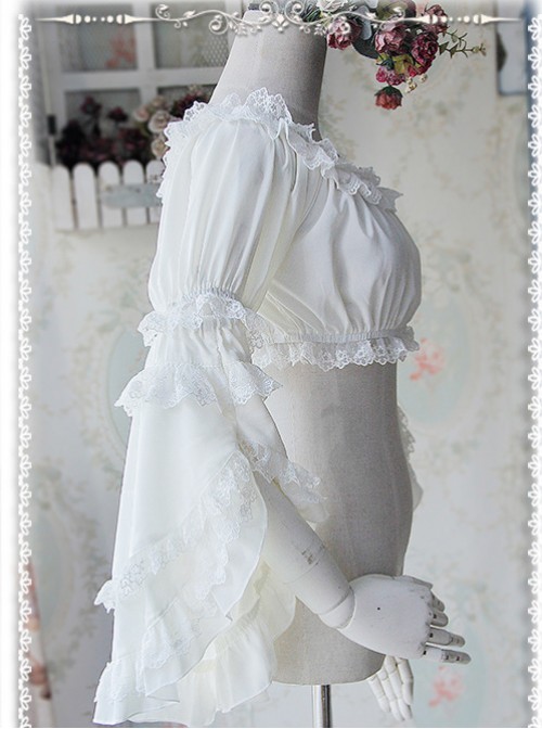 Milky White Chiffon Lolita Super Short Top With Detachable trumpet Sleeve