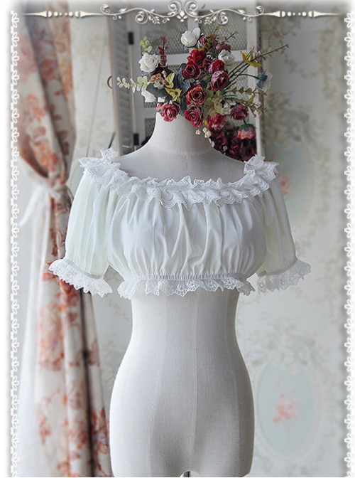 Milky White Chiffon Lolita Super Short Top With Detachable trumpet Sleeve