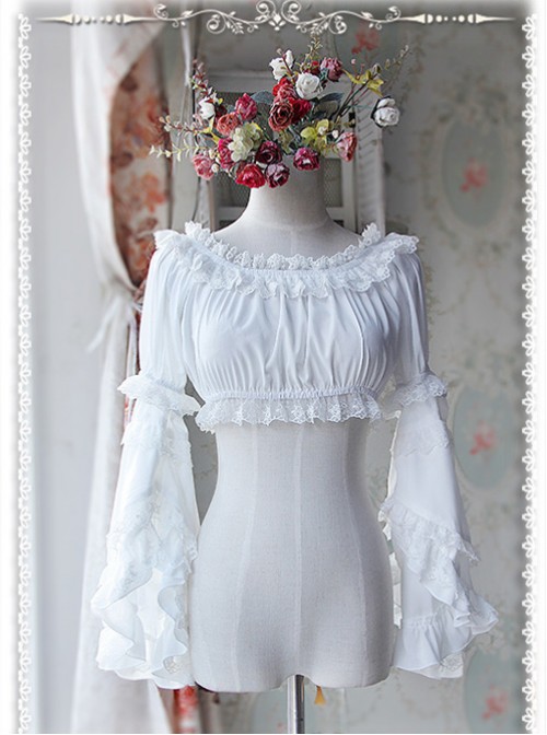 White Chiffon Lolita Super Short Top With Detachable trumpet Sleeve