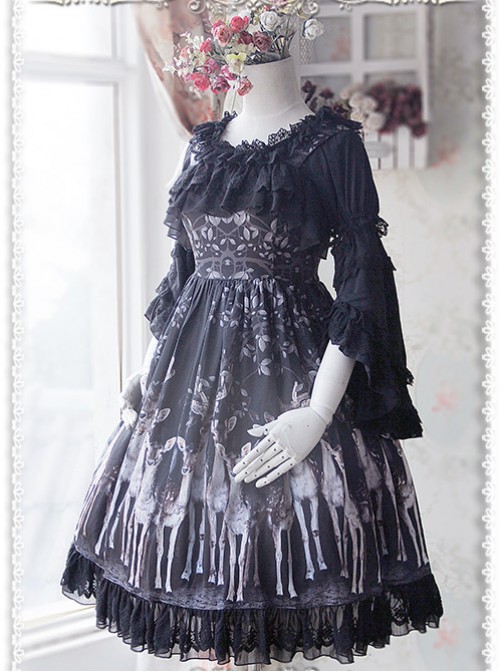 Black Chiffon Lolita Super Short Top With Detachable trumpet Sleeve