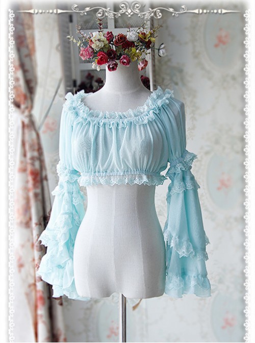 Baby Blue Chiffon Lolita Super Short Top With Detachable trumpet Sleeve