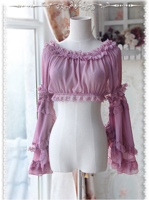 Purple-red Chiffon Lolita Super Short Top With Detachable trumpet Sleeve