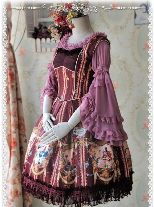 Purple-red Chiffon Lolita Super Short Top With Detachable trumpet Sleeve