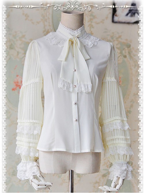 Chiffon Creamy-white Transparent Glass Striped Stand Collar Bow-tie Lolita Long Sleeve Shirt