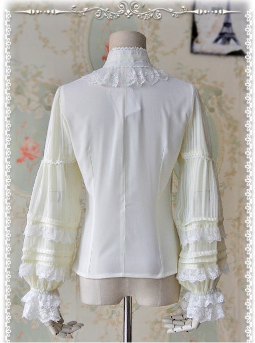 Chiffon Creamy-white Transparent Glass Striped Stand Collar Bow-tie Lolita Long Sleeve Shirt