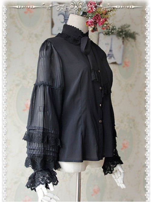 Chiffon Black Transparent Glass Striped Stand Collar Bow-tie Lolita Long Sleeve Shirt