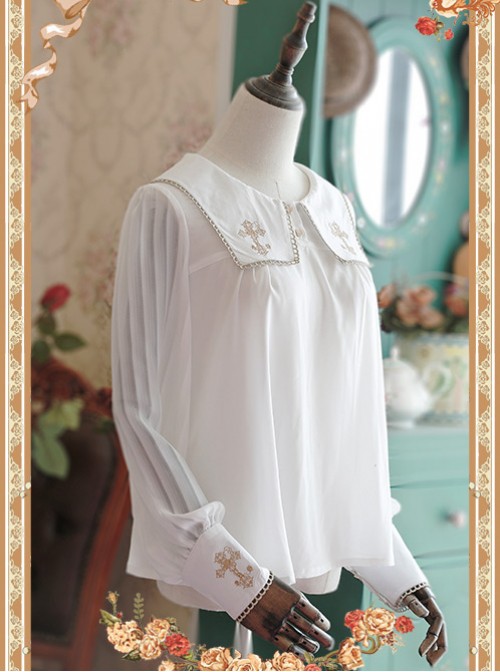 White Crucifix Chiffon Embroidery Square Neckline Lolita Long Sleeve Shirt