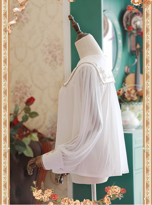 White Crucifix Chiffon Embroidery Square Neckline Lolita Long Sleeve Shirt