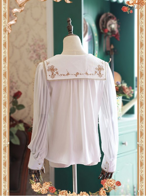 White Crucifix Chiffon Embroidery Square Neckline Lolita Long Sleeve Shirt