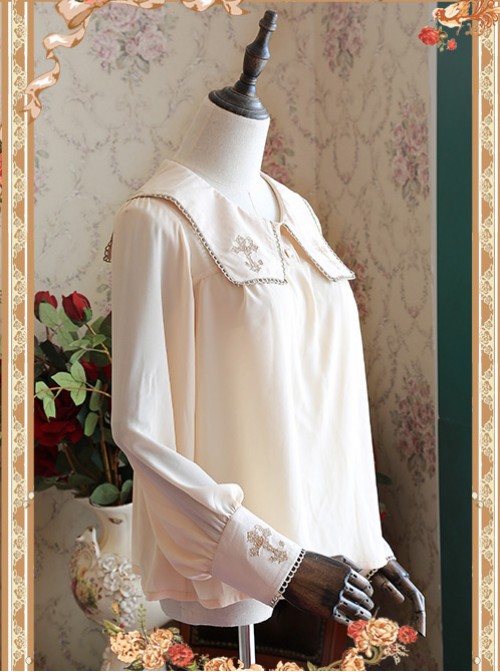 Mocha Color Crucifix Chiffon Embroidery Square Neckline Lolita Long Sleeve Shirt