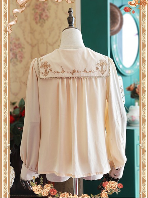 Mocha Color Crucifix Chiffon Embroidery Square Neckline Lolita Long Sleeve Shirt