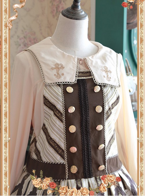 Mocha Color Crucifix Chiffon Embroidery Square Neckline Lolita Long Sleeve Shirt