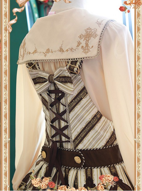 Mocha Color Crucifix Chiffon Embroidery Square Neckline Lolita Long Sleeve Shirt