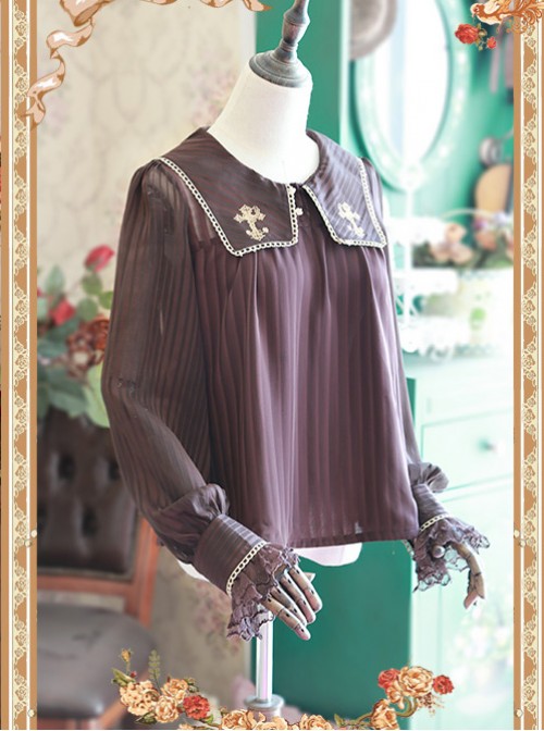 Coffee Color Crucifix Chiffon Embroidery Square Neckline Lolita Long Sleeve Shirt