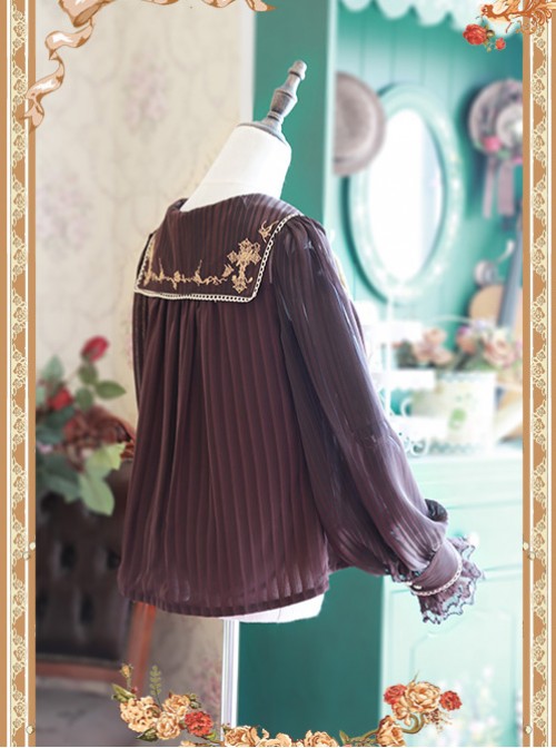 Coffee Color Crucifix Chiffon Embroidery Square Neckline Lolita Long Sleeve Shirt